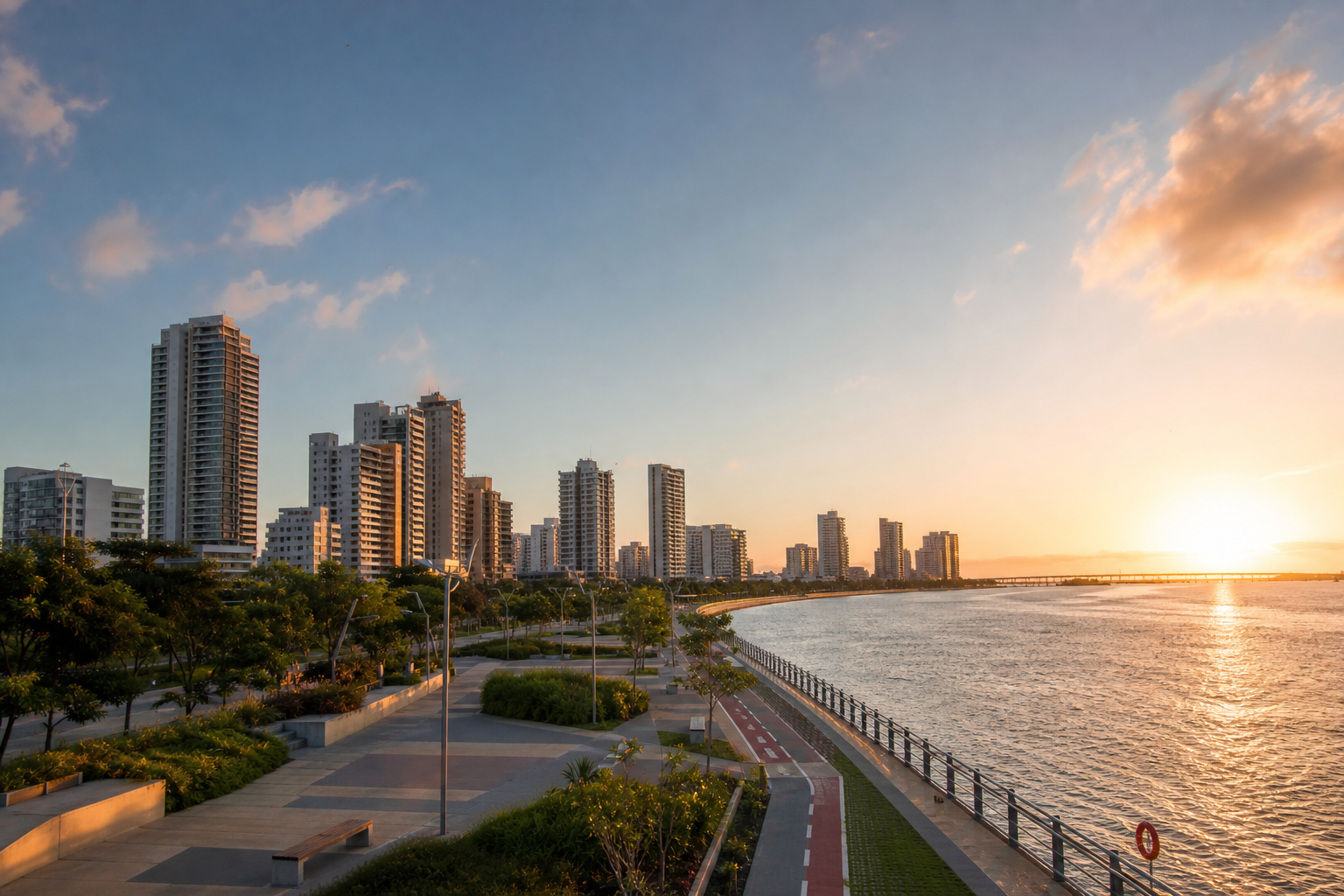 Skyline moderno de Barranquilla con edificios residenciales, malecón y espacios públicos sostenibles.